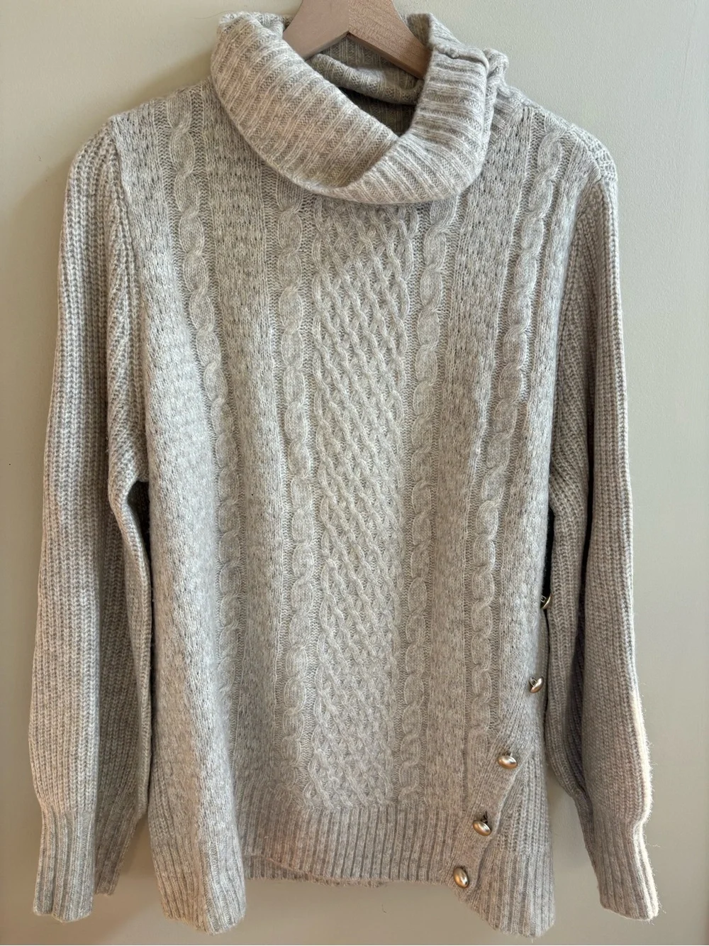 Liz Claiborne Cream Cable Knit Turtleneck Sweater with Side Buttons